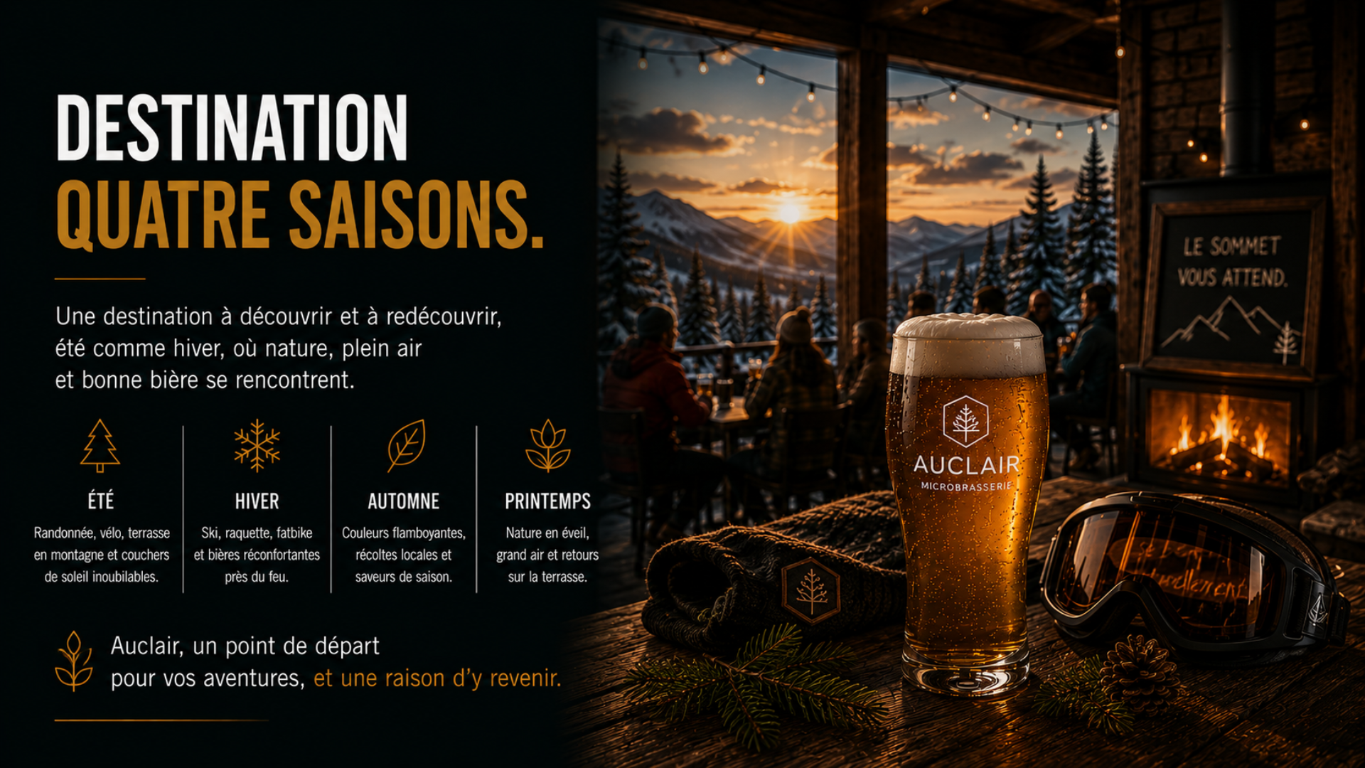 Destination montagne quatre saisons SBDL : ski, randonnée, paysages et bière artisanale près de Québec.