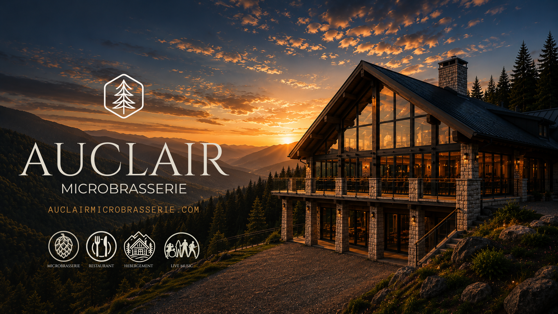 Auclair Microbrasserie SBDL : chalet de montagne au coucher du soleil, paysages des Hautes-Terres, bière artisanale, restaurant et hébergement à Sainte-Brigitte-de-Laval.