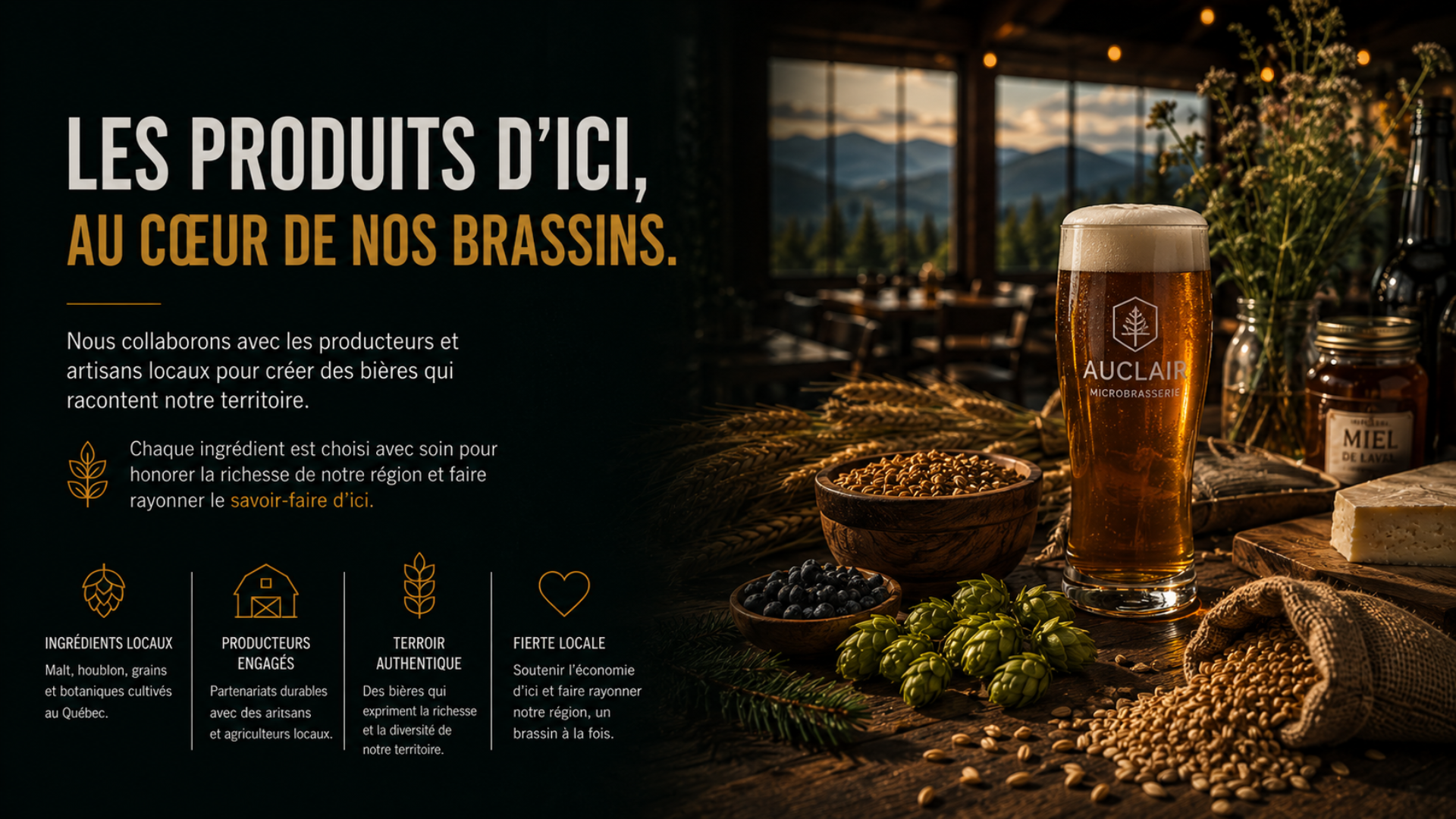 Bière artisanale et produits locaux du Québec : houblon, grains et terroir au cœur des brassins Auclair.